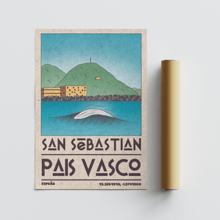 Text focused poster highlighting San Sebastian place name under calm sky