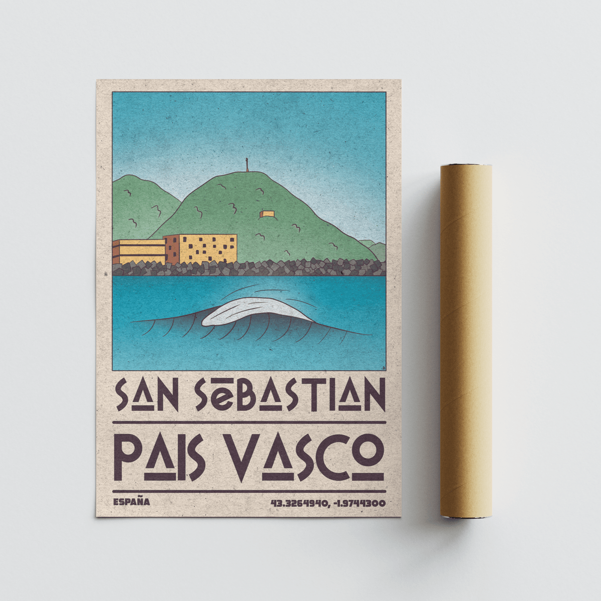 Text focused poster highlighting San Sebastian place name under calm sky