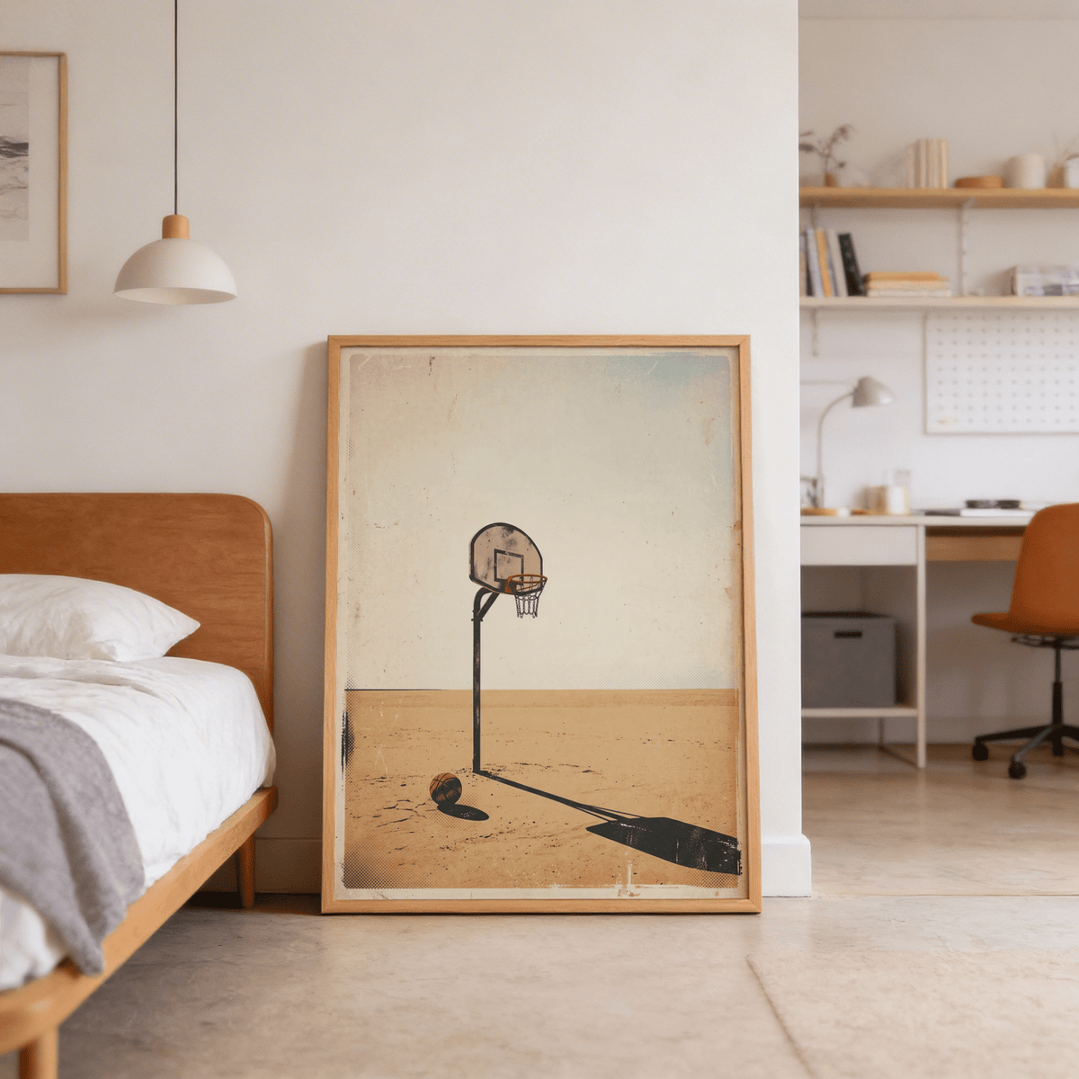 Basketball Hoop Art Print depicting empty playground with net casting shadow