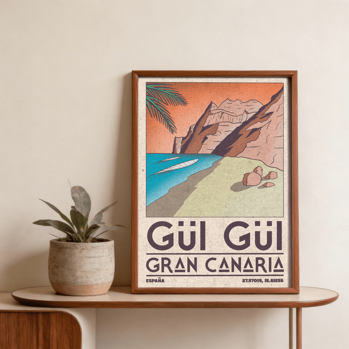 Gran Canaria Beach Art Print detail highlighting location coordinates and block lettering