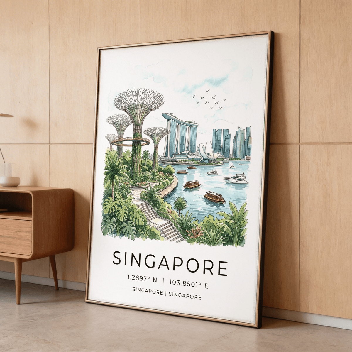 Front view of Singapore City Landscape Art poster showing Marina Bay Sands, ArtScience Museum, and birds overhead