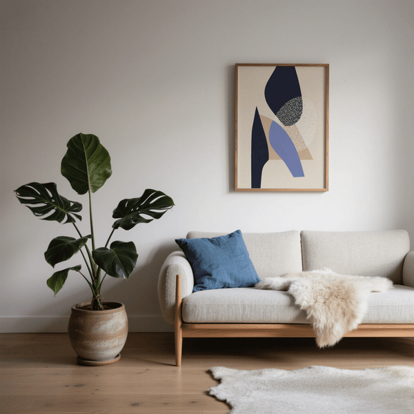 Abstract Art Poster with Blue, Beige, and White abstract forms for entryway wall art