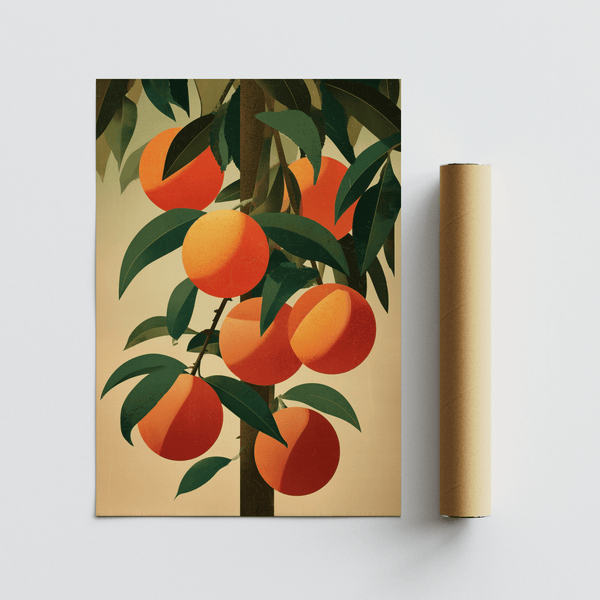 Orange Tree Art Print showing ripe fruit in orange, green, and beige for study