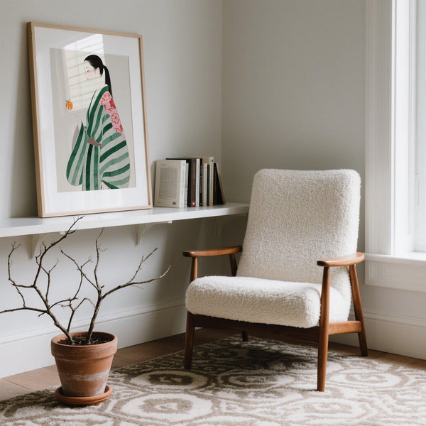 Elegant portrait in striped kimono, unique wall art for living room.