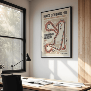 Showing Mexico City Grand Prix Art Print with circuit diagram, arrows, and “Gran Premio de México 1968” text