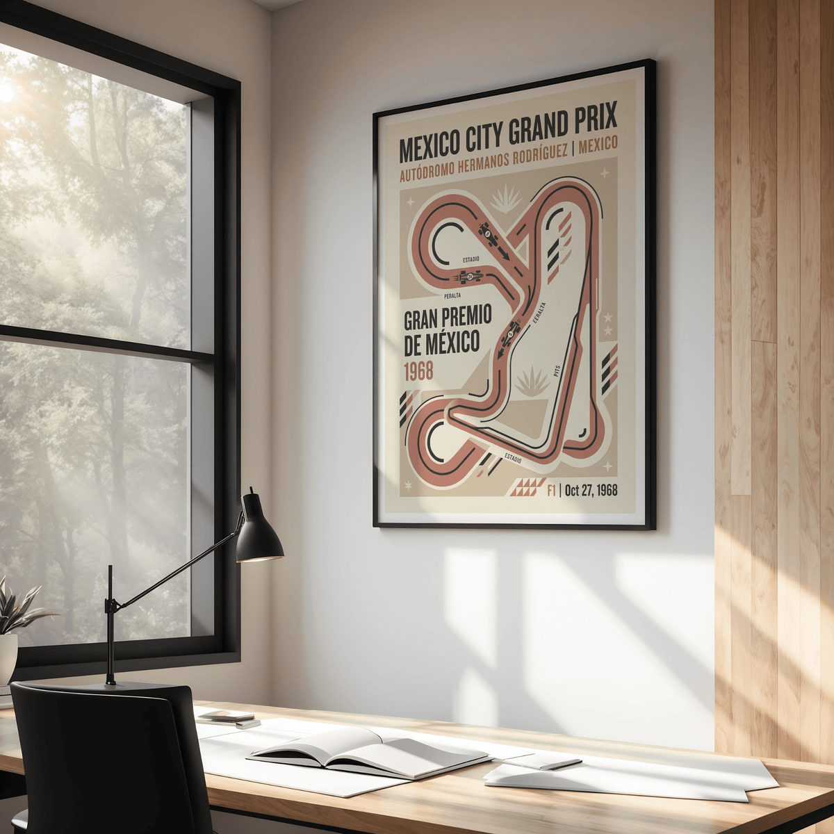 Showing Mexico City Grand Prix Art Print with circuit diagram, arrows, and “Gran Premio de México 1968” text