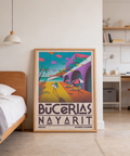 Vintage-style Bucerias travel illustration with palm silhouettes and colorful bunting