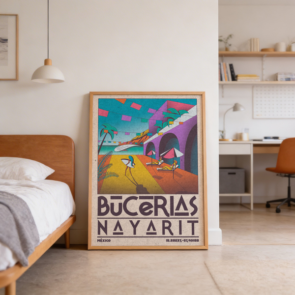 Vintage-style Bucerias travel illustration with palm silhouettes and colorful bunting