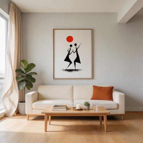 Warli Folk Art Print with central dancing couple and negative space