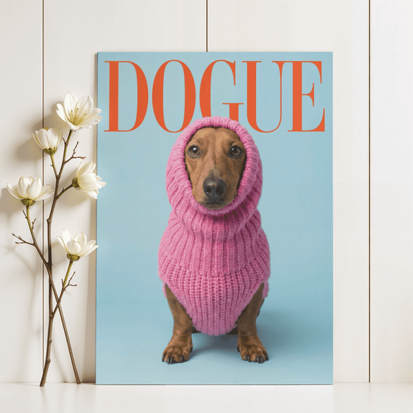 Humorous Funny Daschund Print, pink, blue, and brown for office wall art