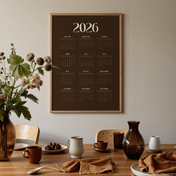 Brown Calendar Print yearly overview art in brown, orange, white for den