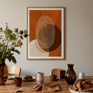 Tall oval linework print over overlapping circles in muted palette