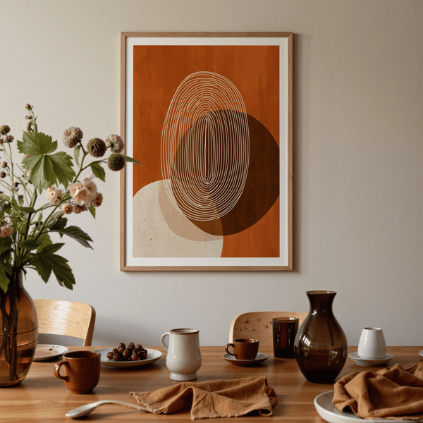 Tall oval linework print over overlapping circles in muted palette