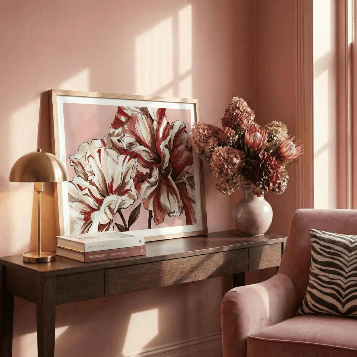 Close-up flower wall art print with bold contour lines and brush texture