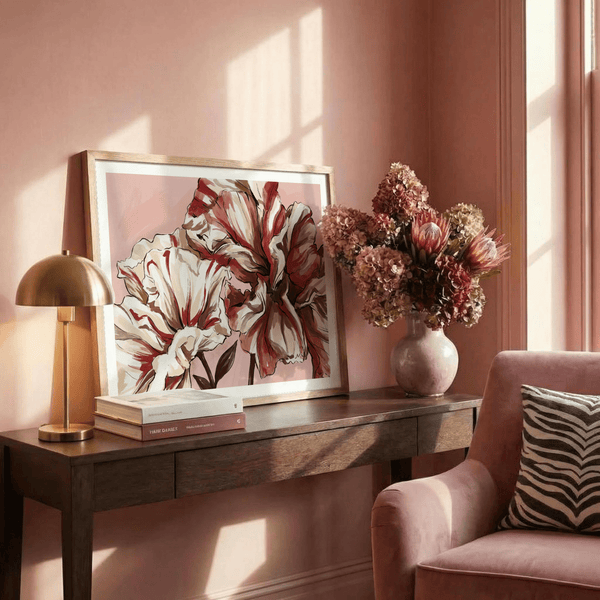 Close-up flower wall art print with bold contour lines and brush texture