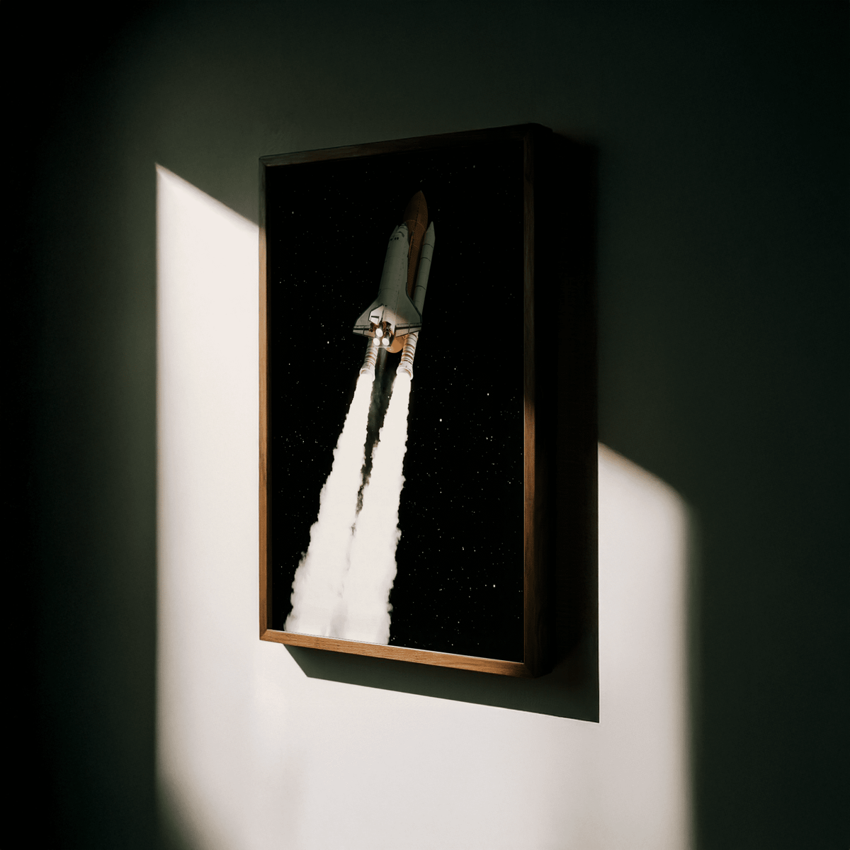 Rocket Launch Wall Art on Black background, White flames, study poster
