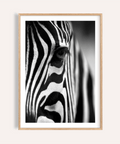 Zebra close-up wall art print with crisp monochrome stripes