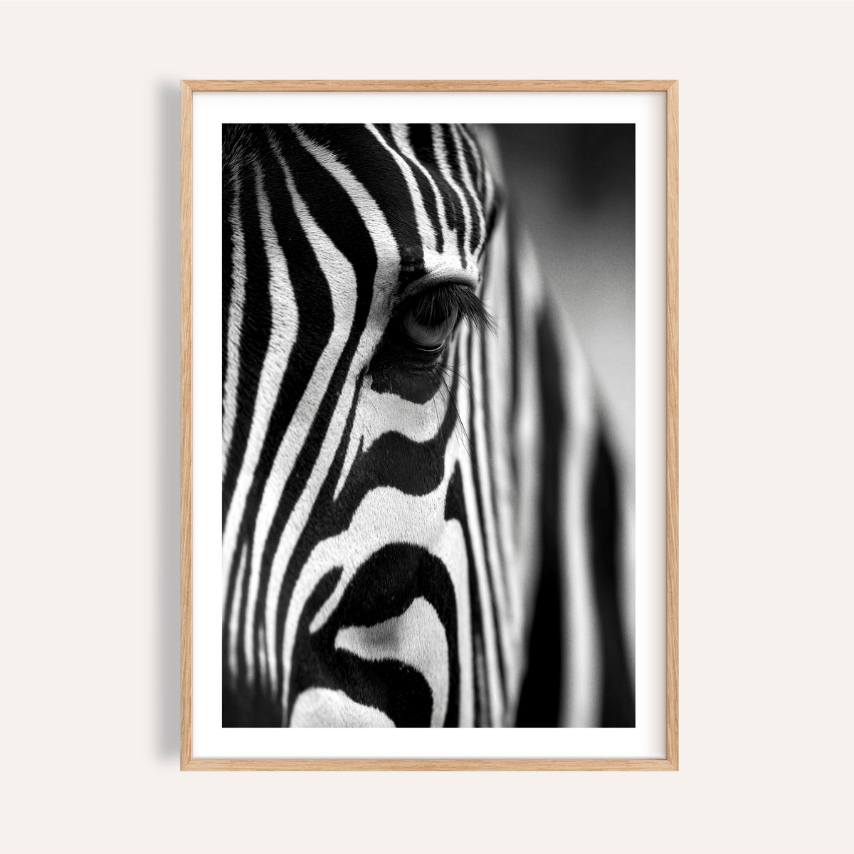 Zebra close-up wall art print with crisp monochrome stripes