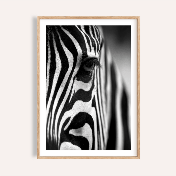 Zebra close-up wall art print with crisp monochrome stripes
