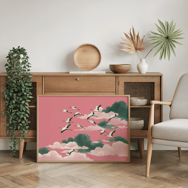 Chic Pink Crane Wall Art in Pink and Green hues for reading nooks