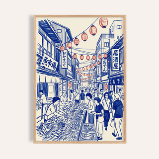 Framed Japanese Street Market Art line-art illustration with red lanterns and market stalls