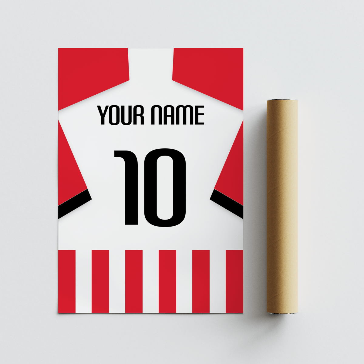 Graphic Sunderland Football Shirt Poster featuring red sleeves, white body, and black typography