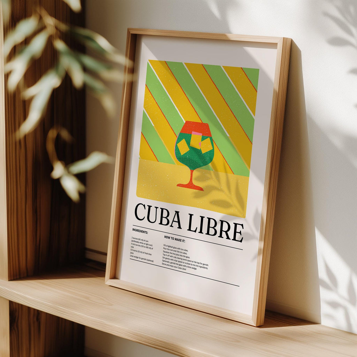 Large colorful wall art with rum and cola recipe in warm tones.
