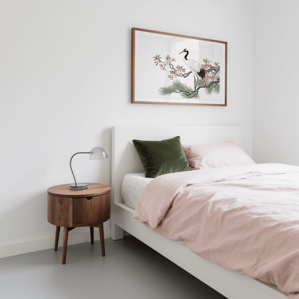 Botanical bird poster print with crane silhouette, blossoms, and branch texture