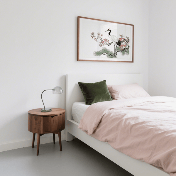 Botanical bird poster print with crane silhouette, blossoms, and branch texture