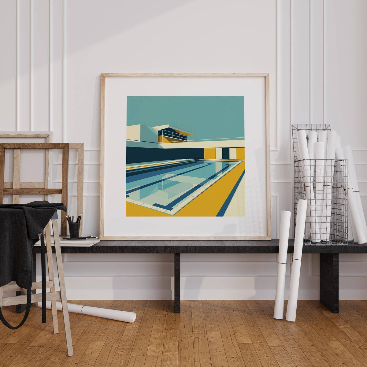 Bauhaus-inspired minimalistic art in bold geometric forms for office walls