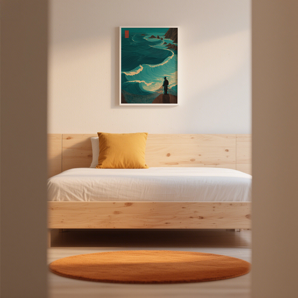 Minimalist maritime poster with fisherman silhouette against patterned ocean