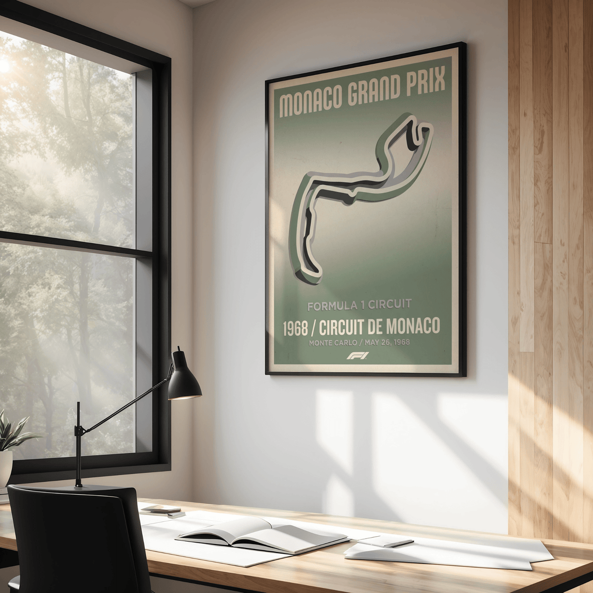 Flat-lay of design tools next to minimalist street circuit poster
