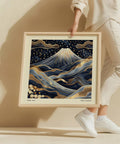 Navy blue and gold Mount Fuji art print with intricate details.