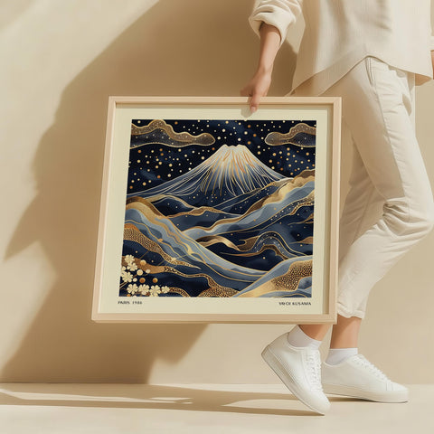 Navy blue and gold Mount Fuji art print with intricate details.