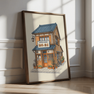 Japanese Coffee Shop Art, vibrant orange and blue for hallway print