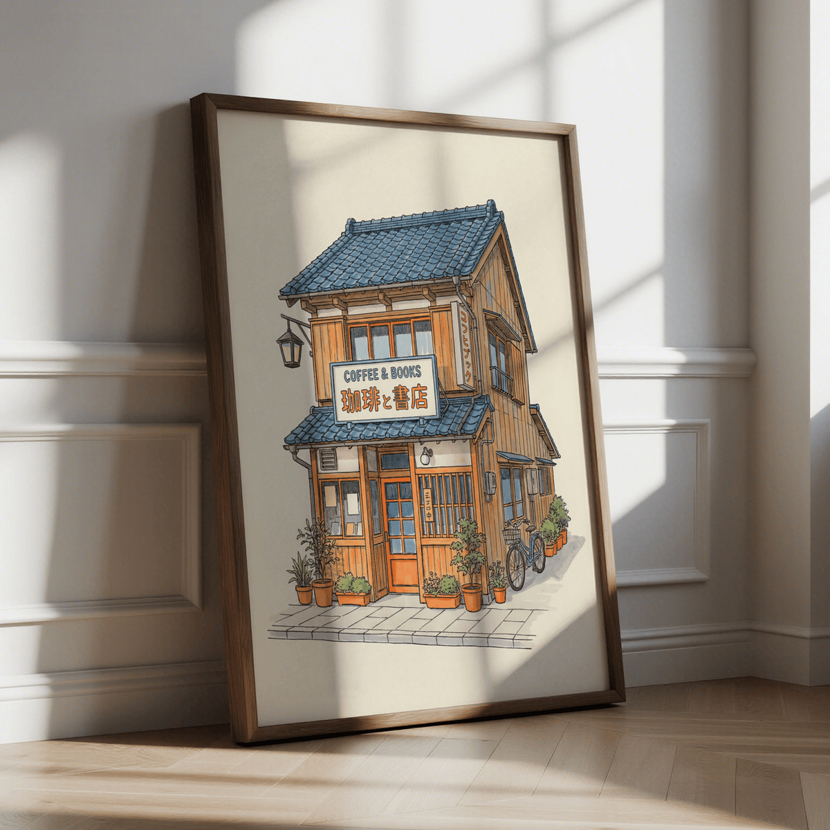 Japanese Coffee Shop Art, vibrant orange and blue for hallway print