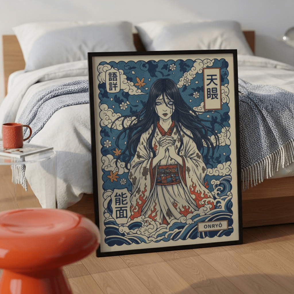 Centered spirit illustration wall art print with clasped hands and swirling cloud motifs