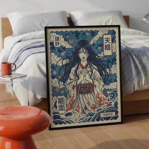 Centered spirit illustration wall art print with clasped hands and swirling cloud motifs