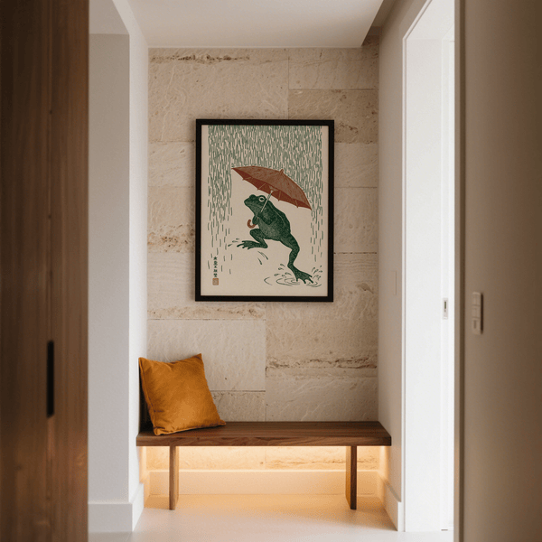 Frog in Rain Art Print with white background, suits bathroom green-themed decor