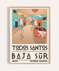 Baja Sur Art Print showing retro van and surfboard carrier on Todos Santos street