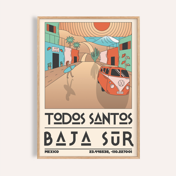 Baja Sur Art Print showing retro van and surfboard carrier on Todos Santos street