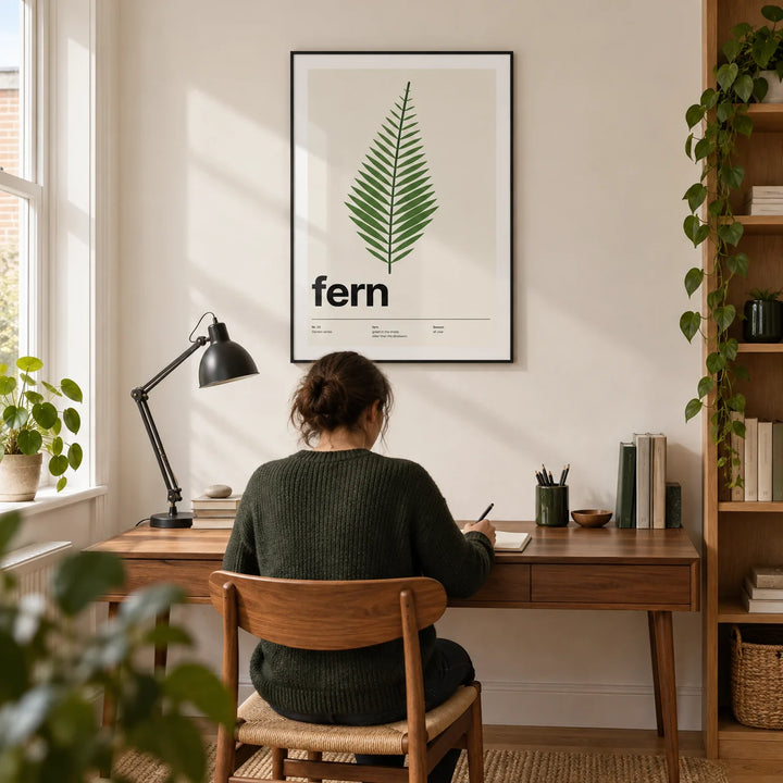 Fern Print, framed on the wall of a modern home study in a UK terraced house with a warm white wall and oak floor