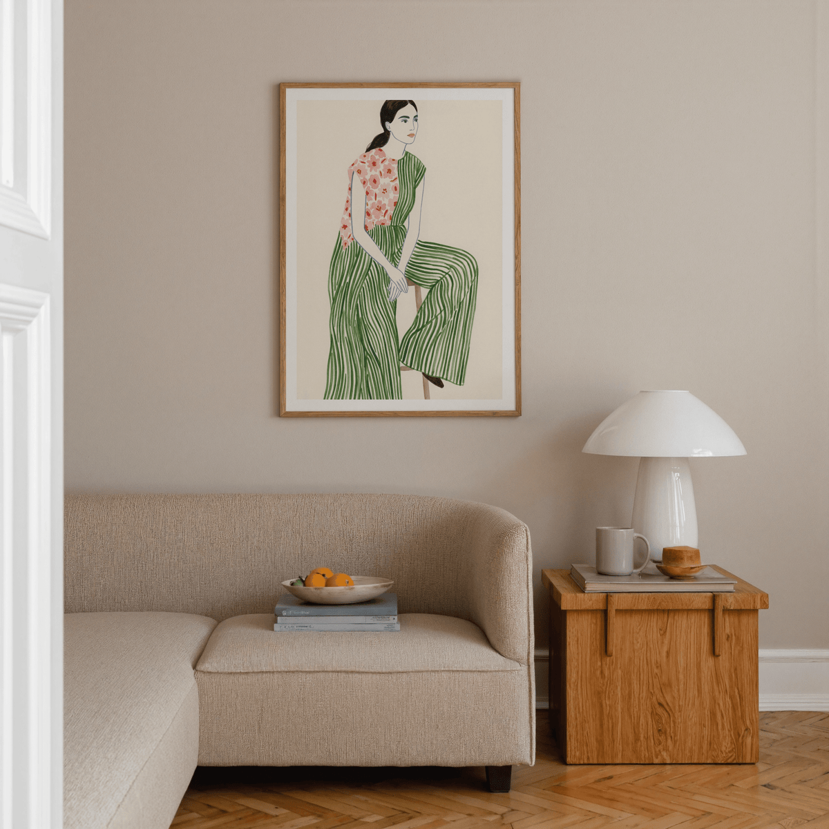 Minimalist seated woman poster wearing green stripes and pink florals
