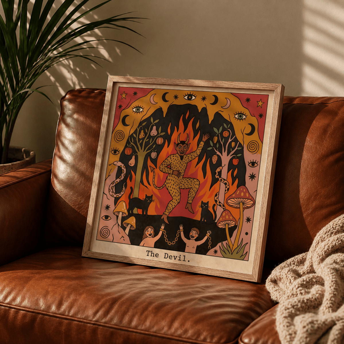 Left side tarot print poster with fruit tree, snake, and mushroom motifs