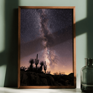 Cactus Night Print celestial poster for home gallery, main colors Black, Pink, Purple, Yellow