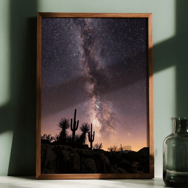 Cactus Night Print celestial poster for home gallery, main colors Black, Pink, Purple, Yellow