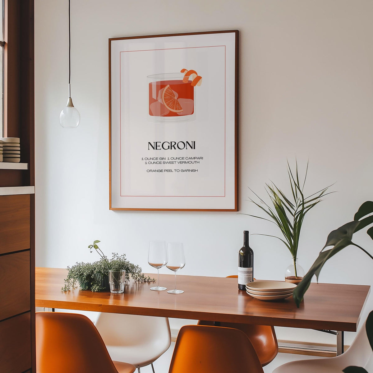 Stylish kitchen artwork showing Negroni drink recipe and garnish.