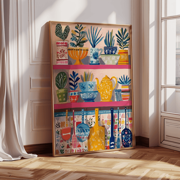 Boho Kitchen Print, orange and yellow main colors, kitchen art print