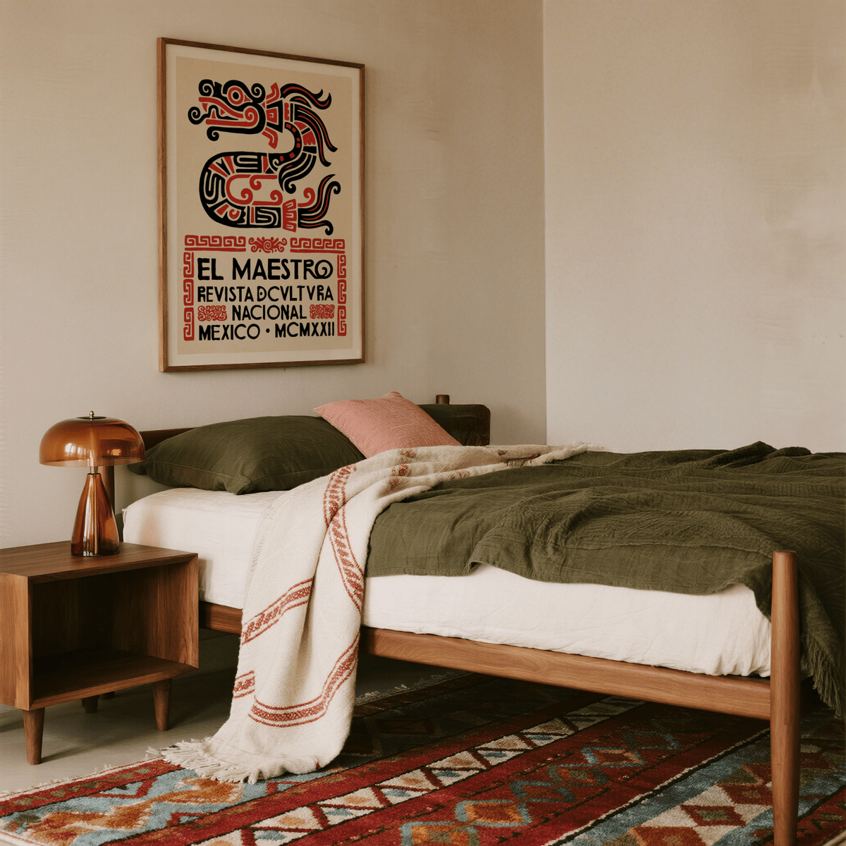 Bedroom with wooden bed, nightstand, and decorative wall art.