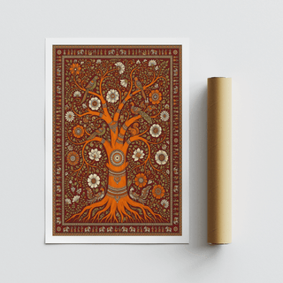 Centered decorative tree print with flowers, leaves, and perched birds